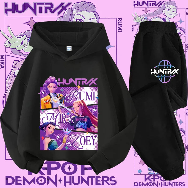 Kpop Demon Hunter Kids Hoodie And Top Set Two Piece Cartoon Print Unisex Casual Wear