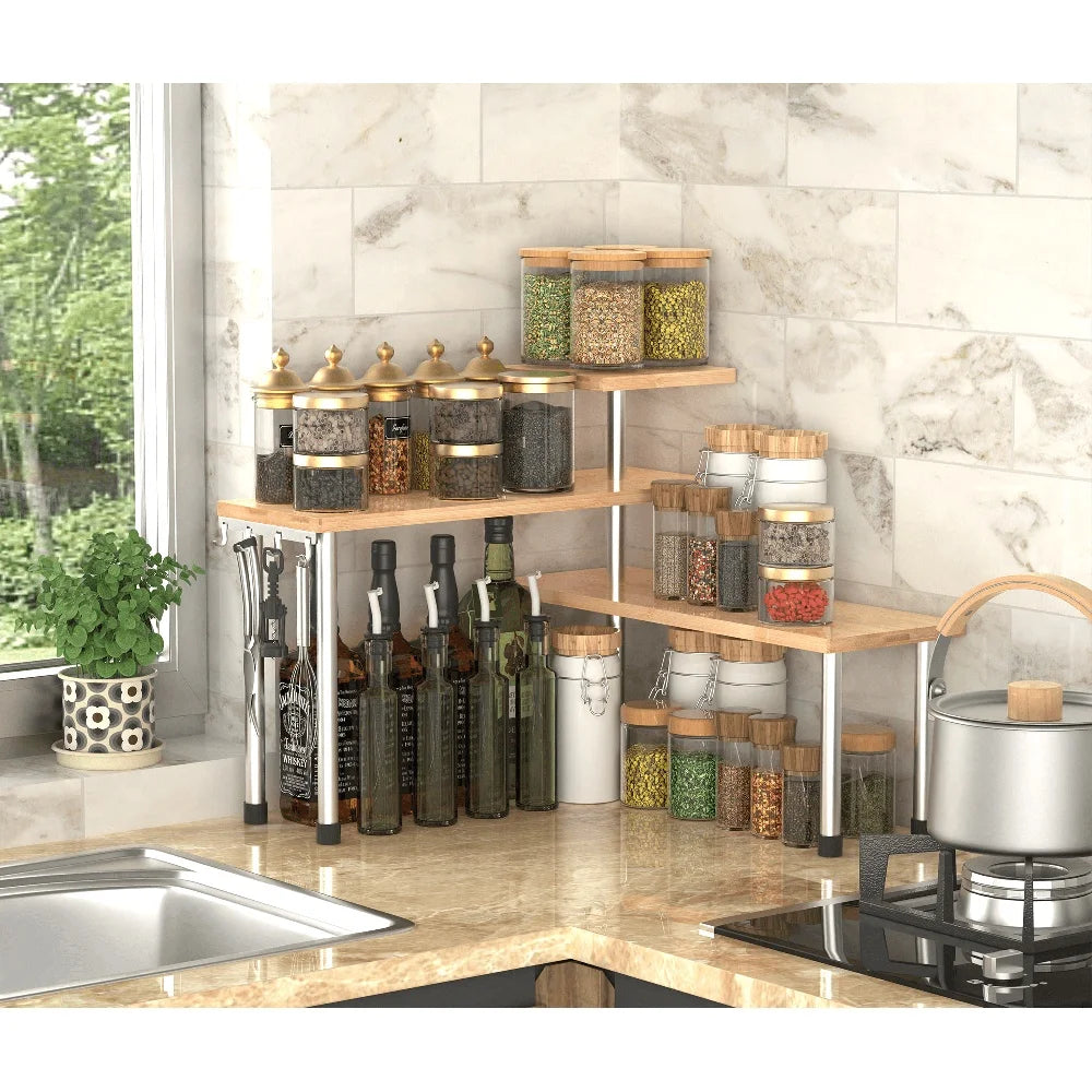 Bamboo Corner Shelf Organizer With Hooks For Kitchen Bathroom