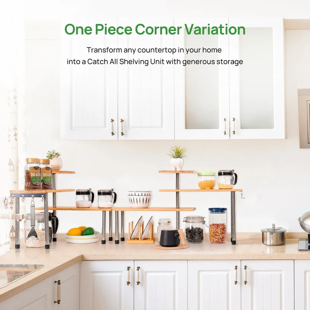 Bamboo Corner Shelf Organizer With Hooks For Kitchen Bathroom