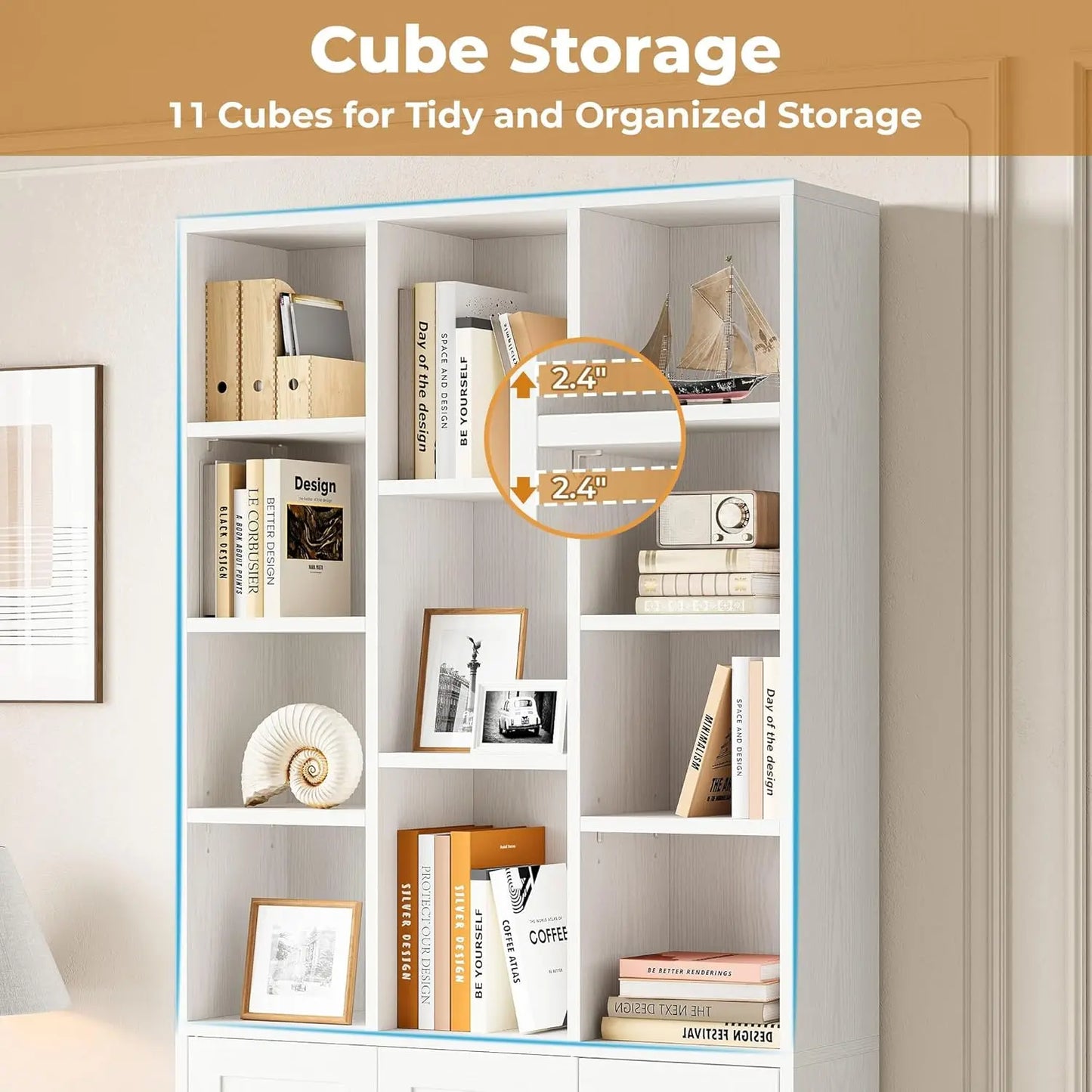 71" Tall Bookshelf Cabinet 3 Drawers 7 Tier Doors Open Shelves Living Room Home Office White Customized