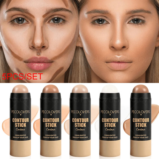 5PCS/SET Full Coverage Concealer Cream Flawless Covering Dark Circles Silky Smooth Texture Concealer Wrinkles And Pore Invisible Foundation Cream,Highlighter Contour Stick
