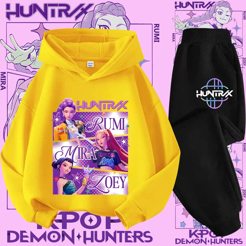 Kpop Demon Hunter Kids Hoodie And Top Set Two Piece Cartoon Print Unisex Casual Wear