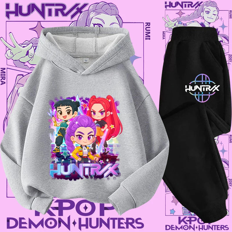 Kpop Demon Hunter Kids Hoodie And Top Set Two Piece Cartoon Print Unisex Casual Wear