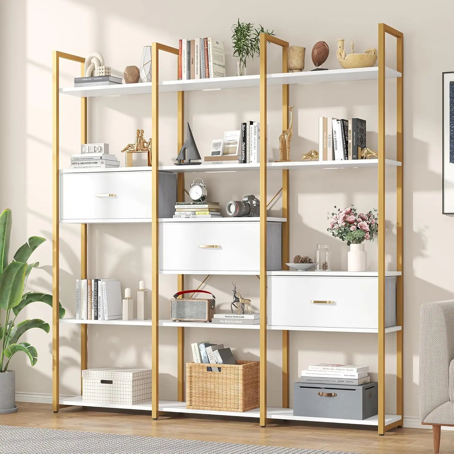 73.6" Triple Wide Bookshelf 3 Drawers 16 Open Shelves Industrial Storage Home Office Gold Customized