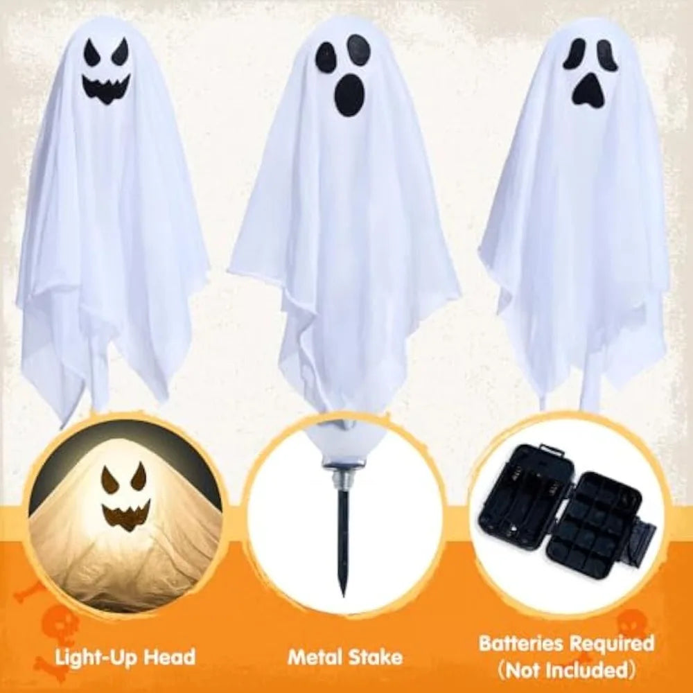 White Ghost Garden Stakes with Light UpHalloween Outdoor Decorations  Design (3 Packs) Cloth Ghost for Halloween Lights, Graveyard Yard Lawn Decorations