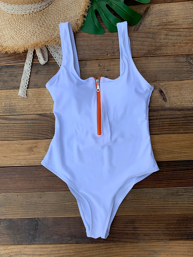 Front Zip Up One Piece Monokini Backless Swimsuit For Women