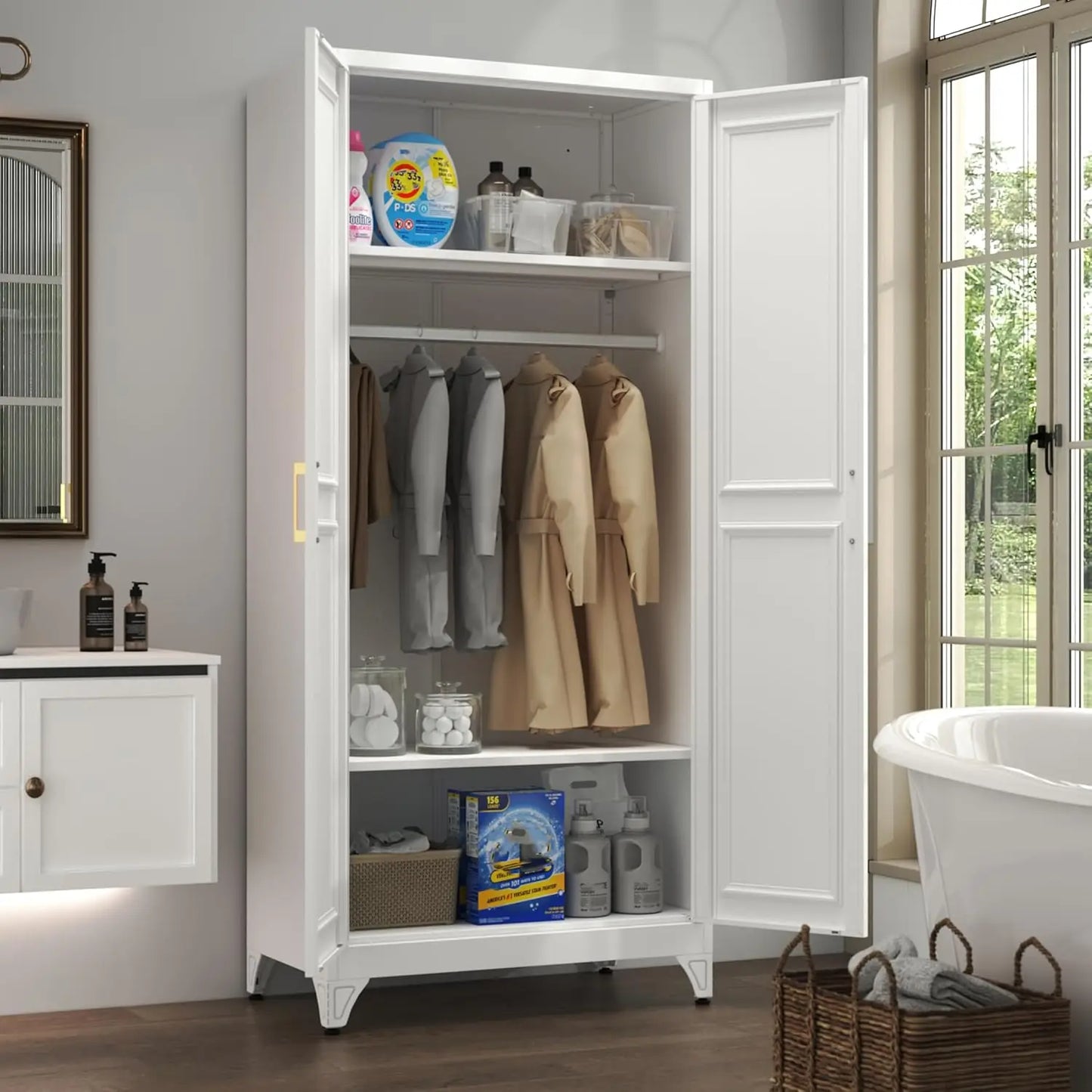 Metal Armoire Wardrobe Closet with 2 Doors, 71" Tall Wardrobe Closet with Doors, Hanging Rod, Drawers and, Customized