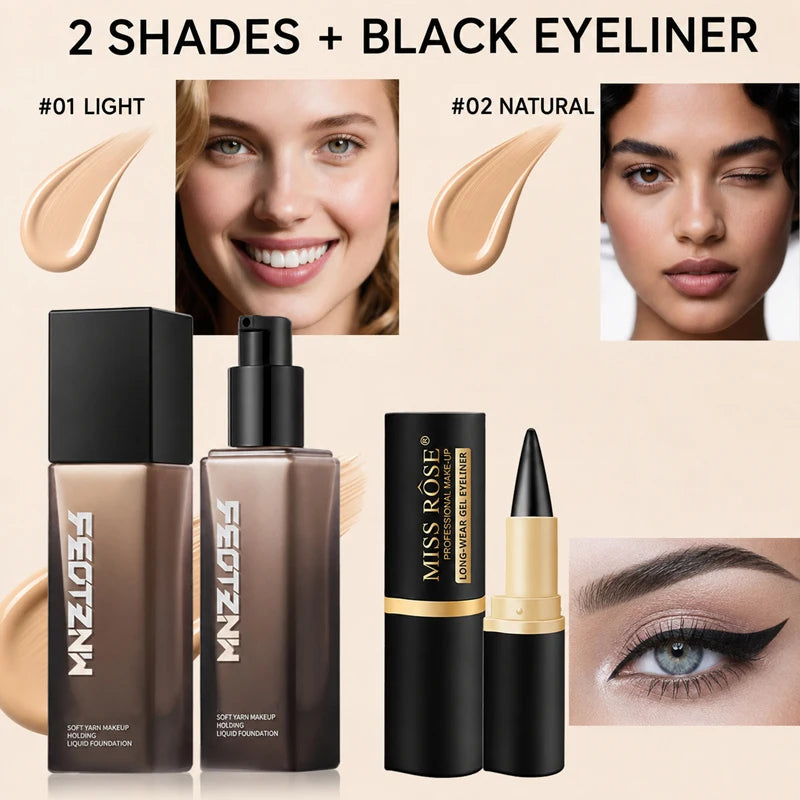 3PCS Makeup Set Full Coverage Liquid Foundation with 2 Waterproof Gel Eyeliners, Long-Lasting Matte Face Base, Smudge-Proof Black Eye Liner, Smooth Blendable Complexion and Eye Makeup Kit for Women, Natural Flawless Finish, D