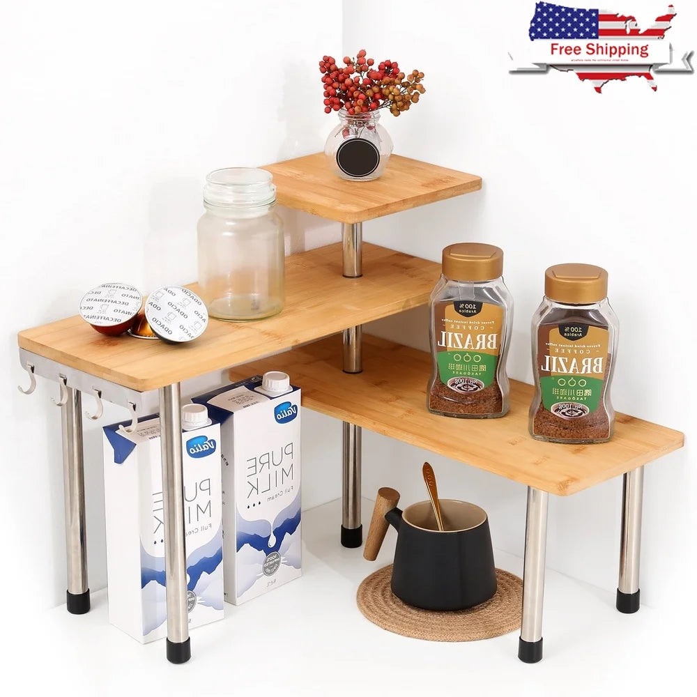 Bamboo Corner Shelf Organizer With Hooks For Kitchen Bathroom