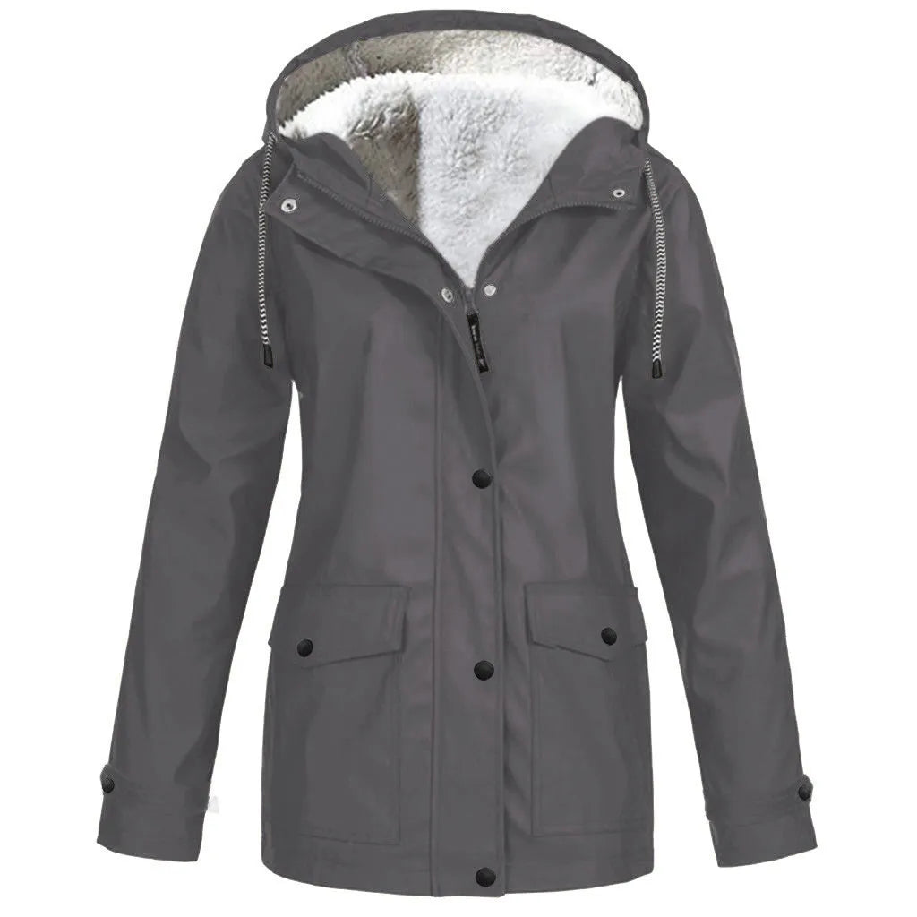 NONECN Women's Windproof Velvet Waterproof Hooded Jacket Outdoor Coat