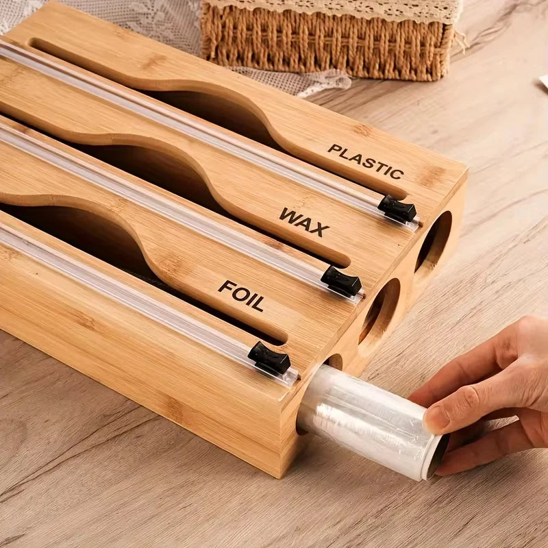 3-in-1 Bamboo Wrap Dispenser Drawer Organizer for Foil Plastic Wrap & Parchment Paper with Built-in Cutter & Label Holders