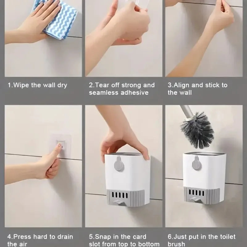 Wall Mount Toilet Brush Slim Holder No Drill Space Saving
