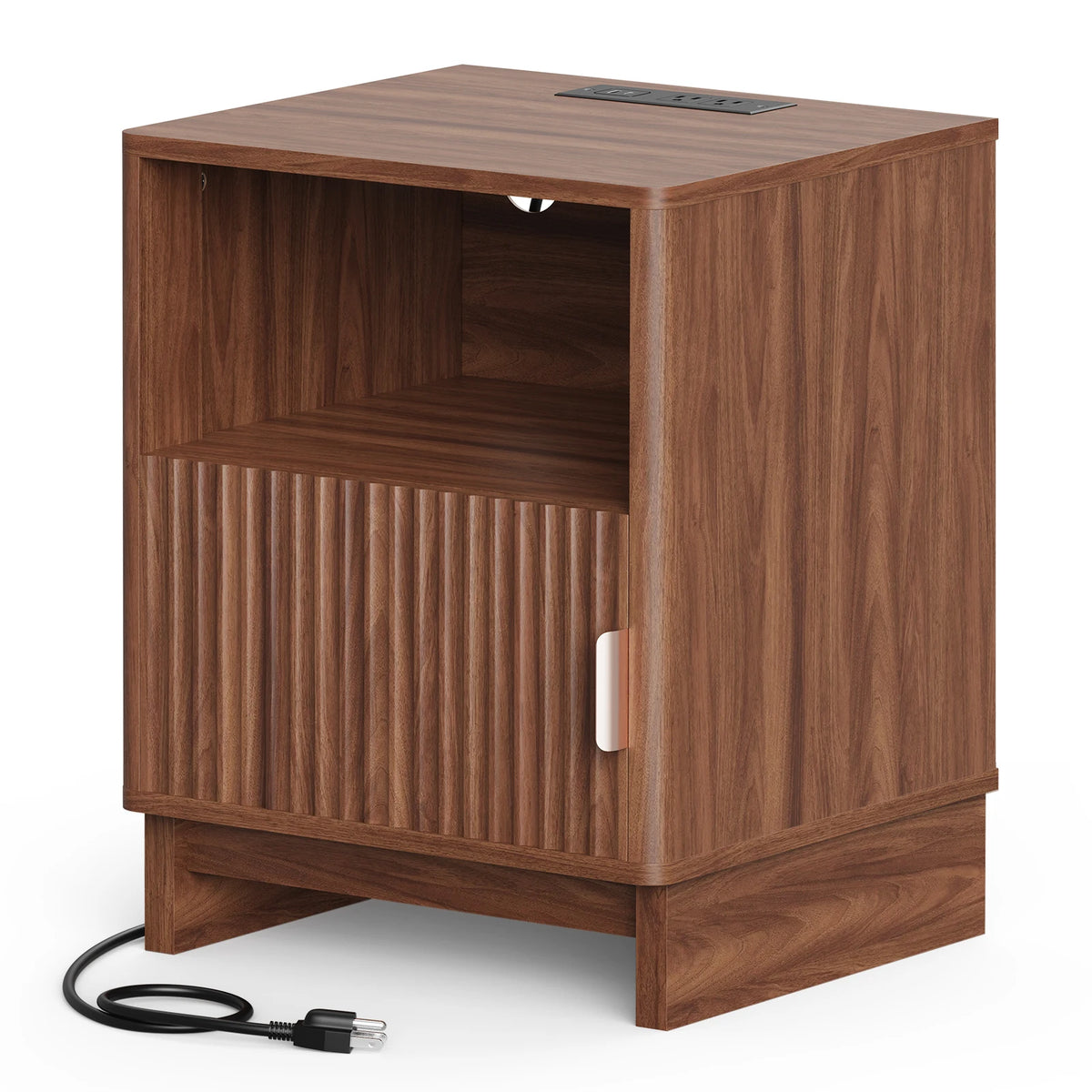 TinyNest Nightstand with Charging Station, Fluted Wood Side Table with Storage Drawers & Open Shelf, Night Stand Bedside Table with 2 AC Outlets, 1 USB A Port, 1 USB C Fast Charging Port, Small End Table Storage Cabinet For B