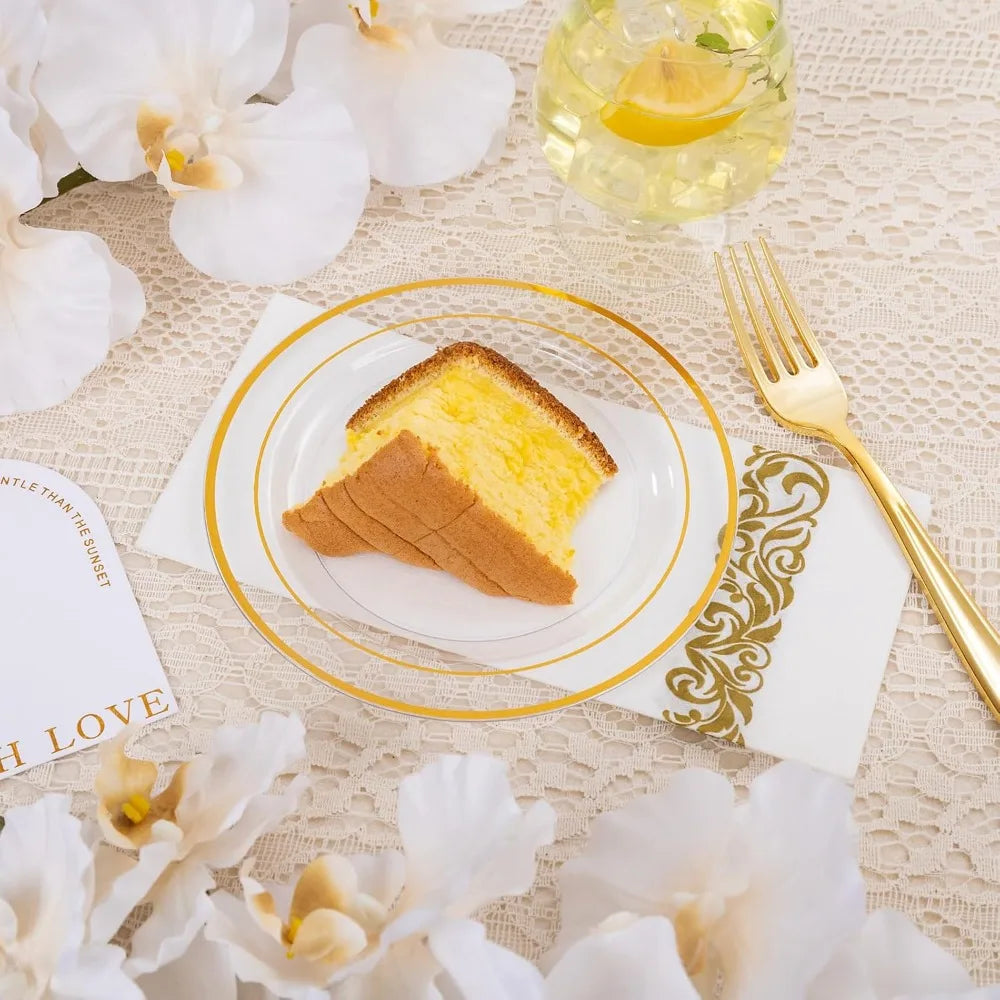 Gold Themed Disposable Dinnerware Set For 100 Guests With 700 Pieces And Clear Plates For Parties And Weddings