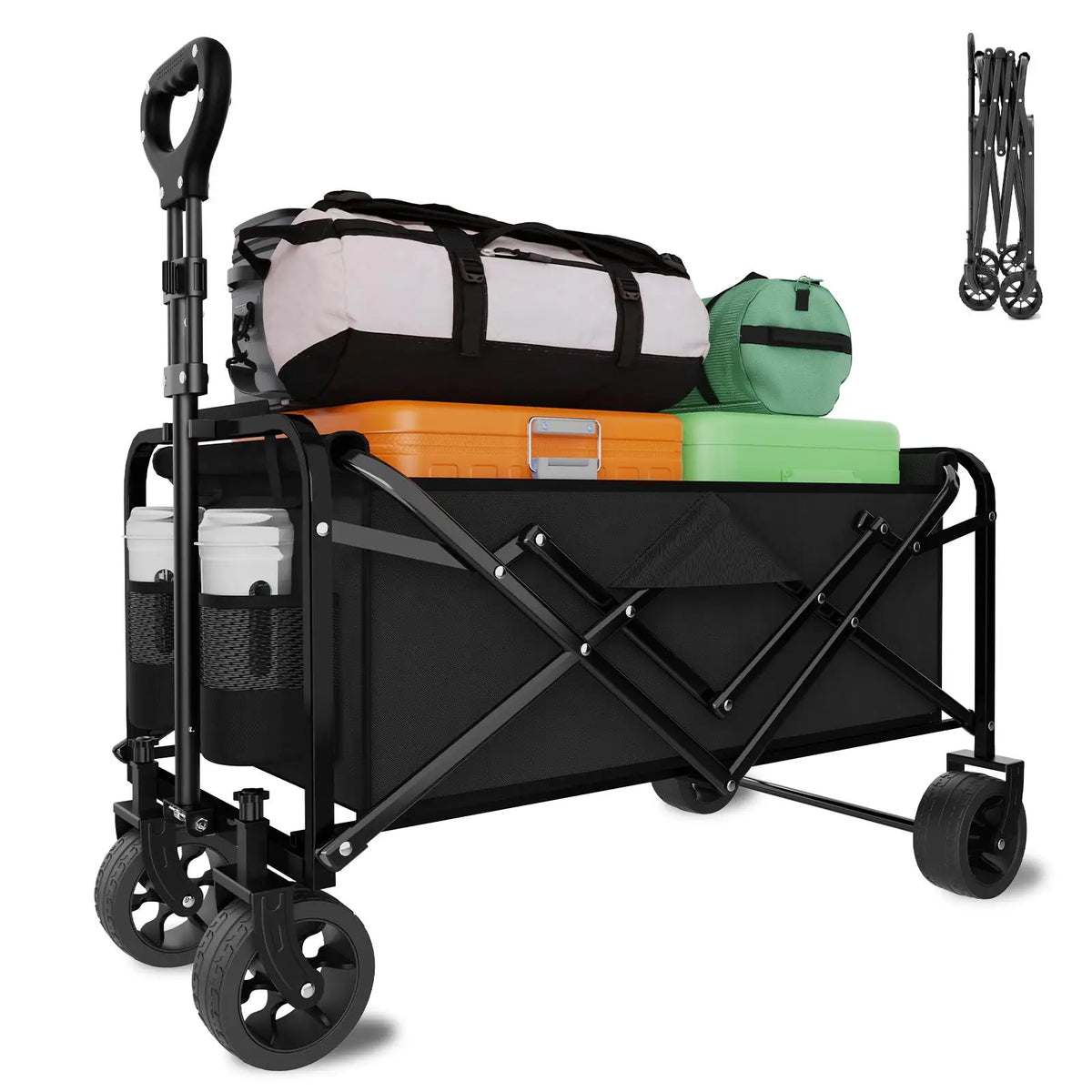 Heavy Duty Large Capacity Folding Cart with Stainless Steel Frame And 600D Oxford Cloth Black All Terrain Multi-Purpose for Camping Gardening Beach Shopping No Assembly Required