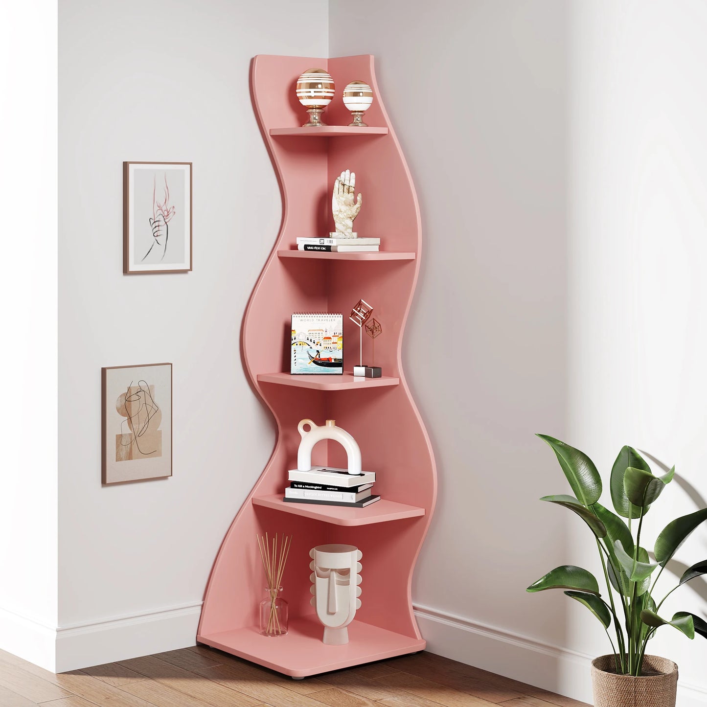 Tribesigns Corner Shelf Modern 5 Tier Wall Corner Bookshelf Stylish Corner Small Bookcase Storage Rack Plant Stand