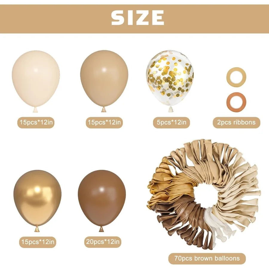 72 Pack Brown Balloons Set Latex 12 Inch Boho Nude Sand White Metallic Gold Confetti For Neutral Bear Party