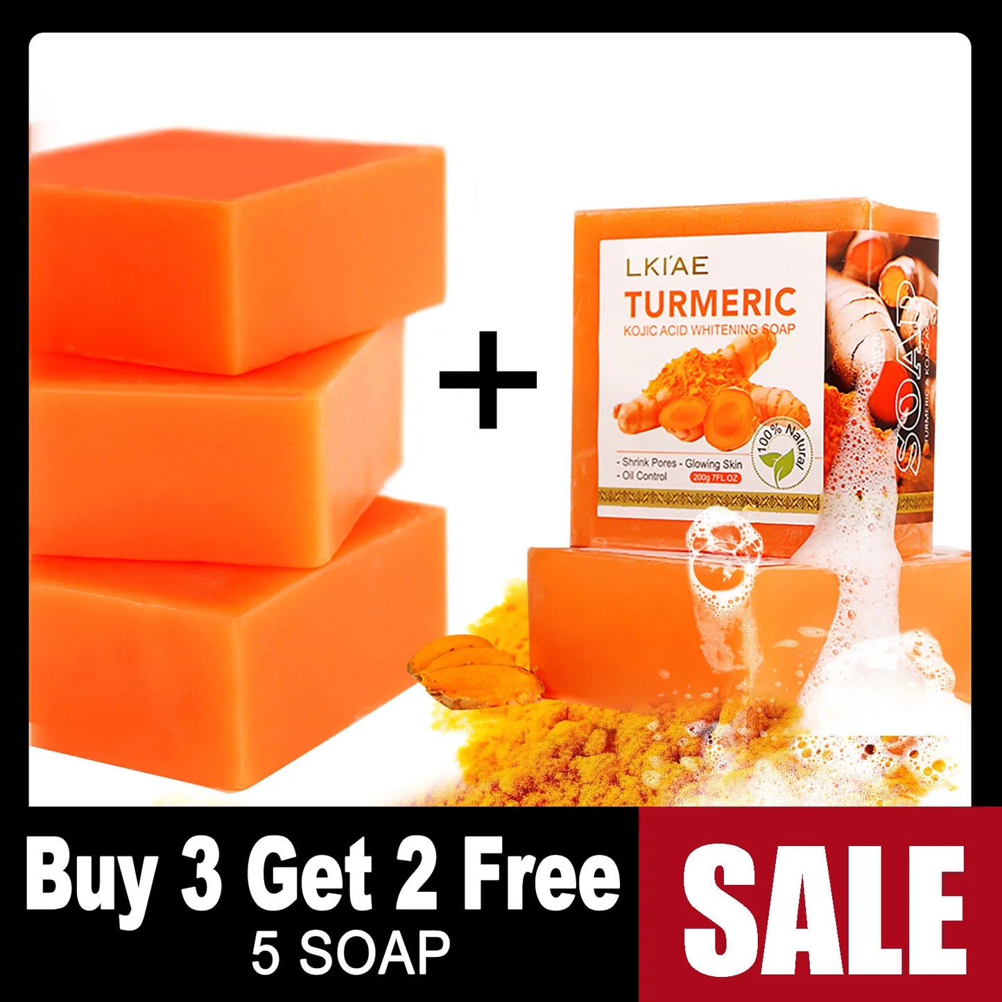 LKIAE Organic Turmeric Soap Bar, Natural Herbal Hand Made Whitening Soap, Reduce Melanin, Pimples, Acne, For Face And Body,200g