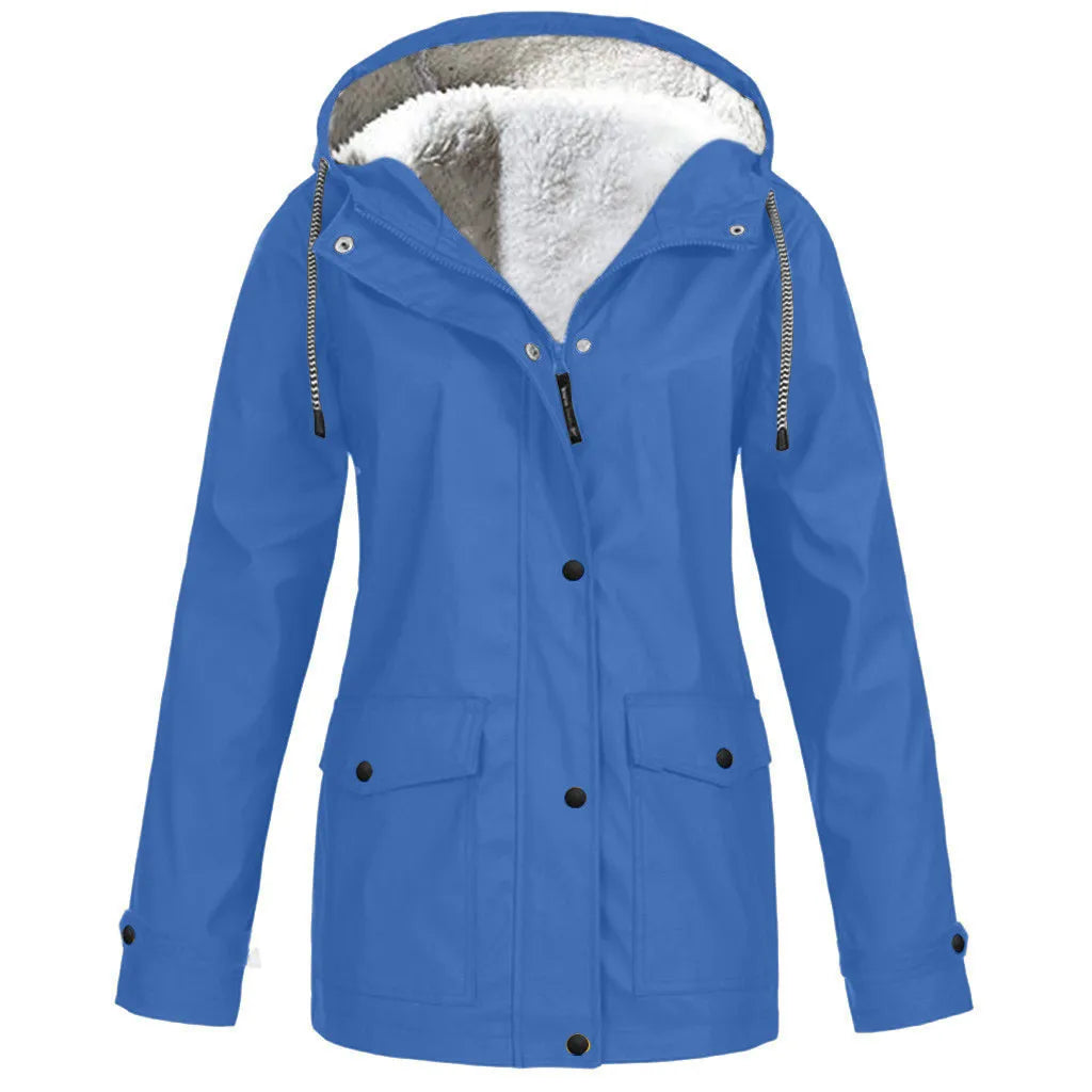 NONECN Women's Windproof Velvet Waterproof Hooded Jacket Outdoor Coat