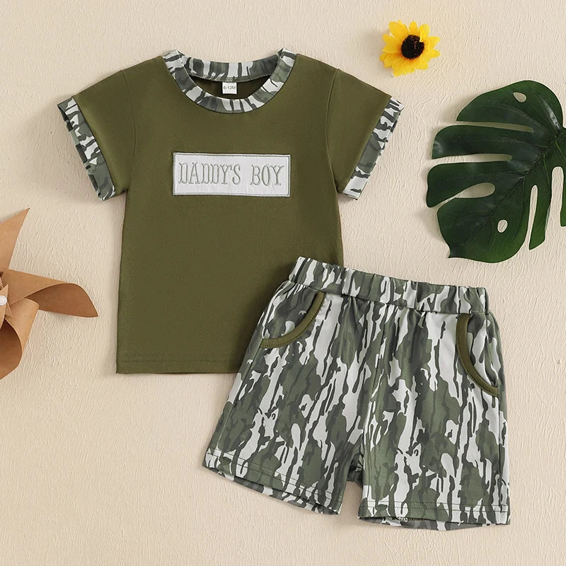 Infant Boy Summer Outfit Set Embroidered Tshirt Elastic Shorts