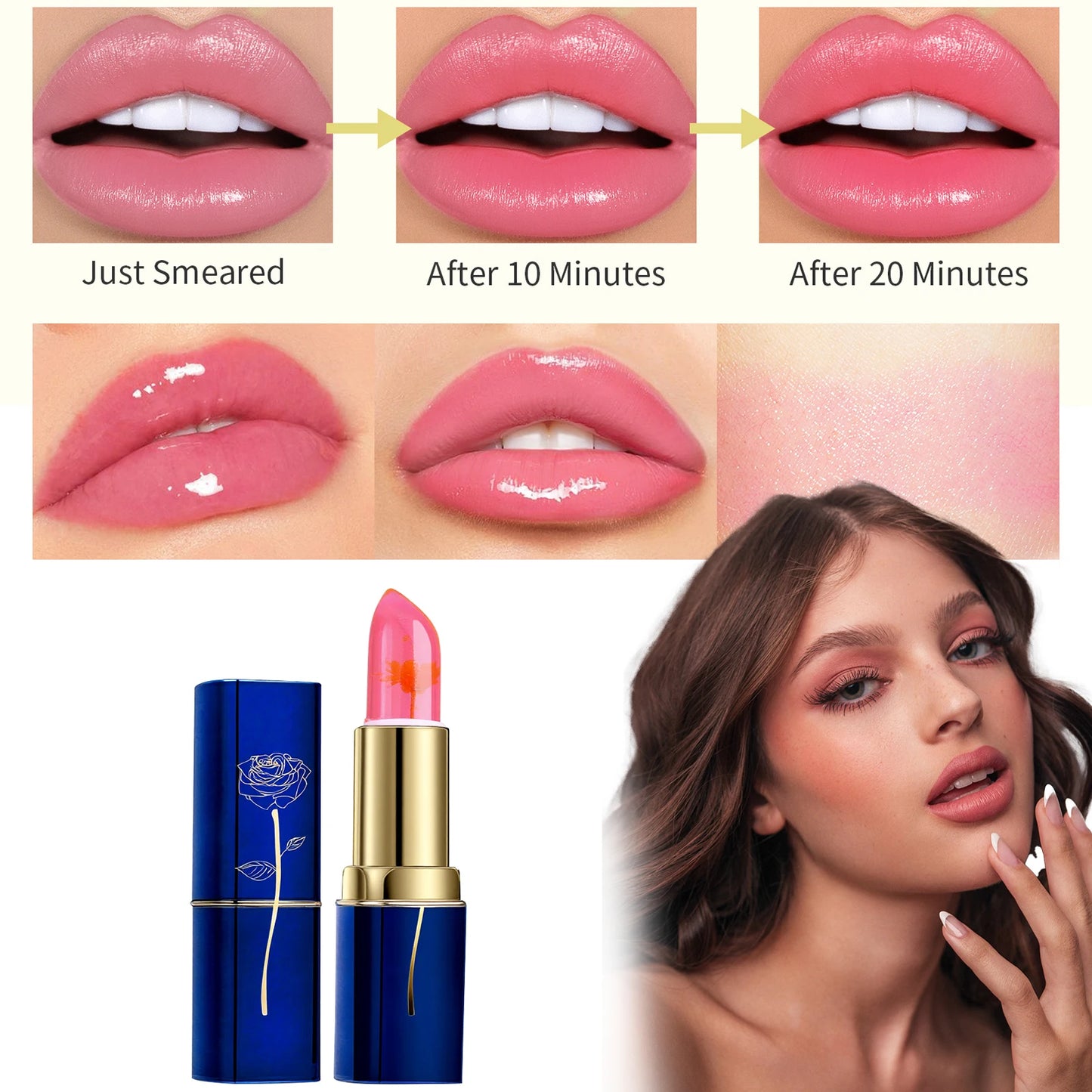 ZaiDoc 3pcs Flower Jelly Crystal Lipstick with Gift Fruit Lip Balm PH Color Changing Moisturizing Lip Gloss Balm Long Lasting Shine Lipstick