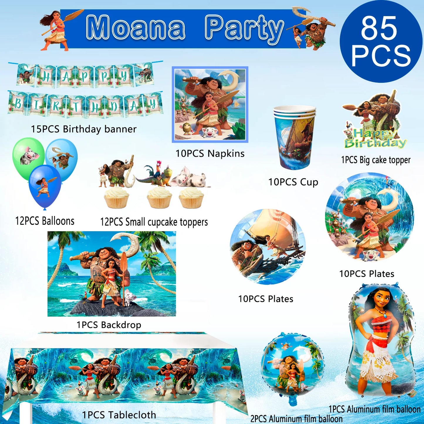 Fruitful Party Moana Birthday Party Supplies Set 85pcs