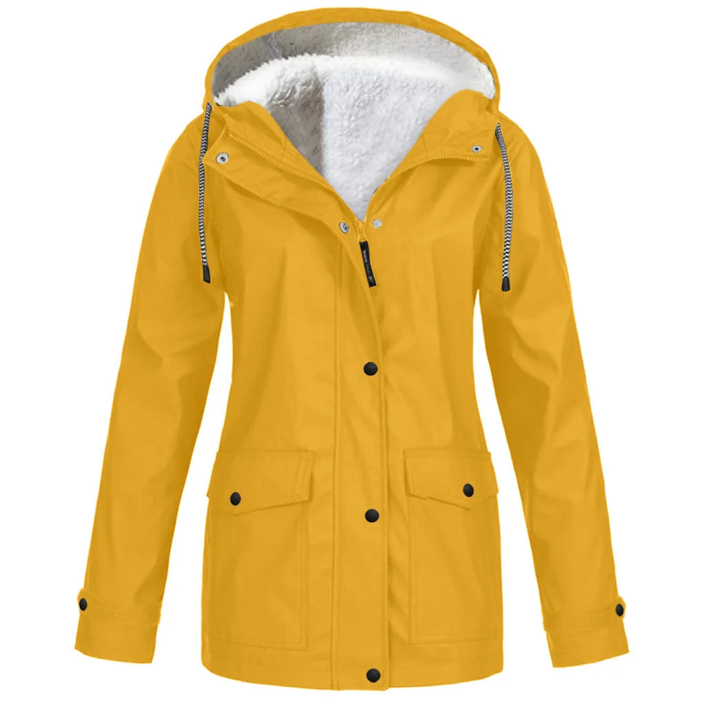 NONECN Women's Windproof Velvet Waterproof Hooded Jacket Outdoor Coat