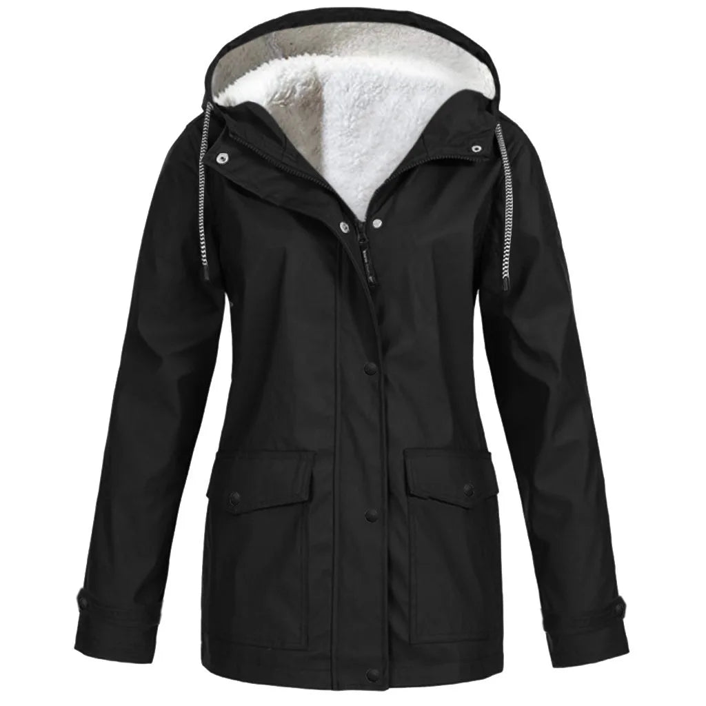 NONECN Women's Windproof Velvet Waterproof Hooded Jacket Outdoor Coat