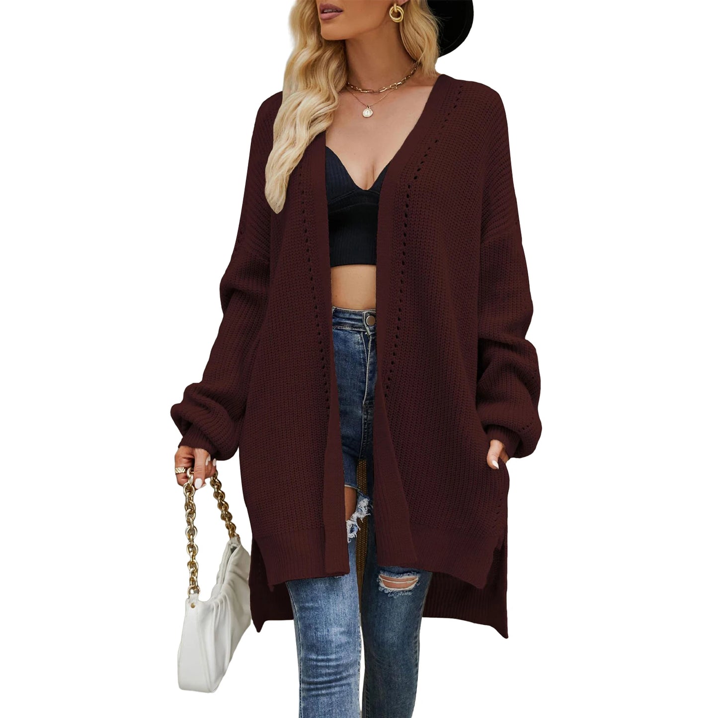 Women Autumn Winter Knit Cardigan Long Sleeve Open Front Split Hem Knitwear Sweater