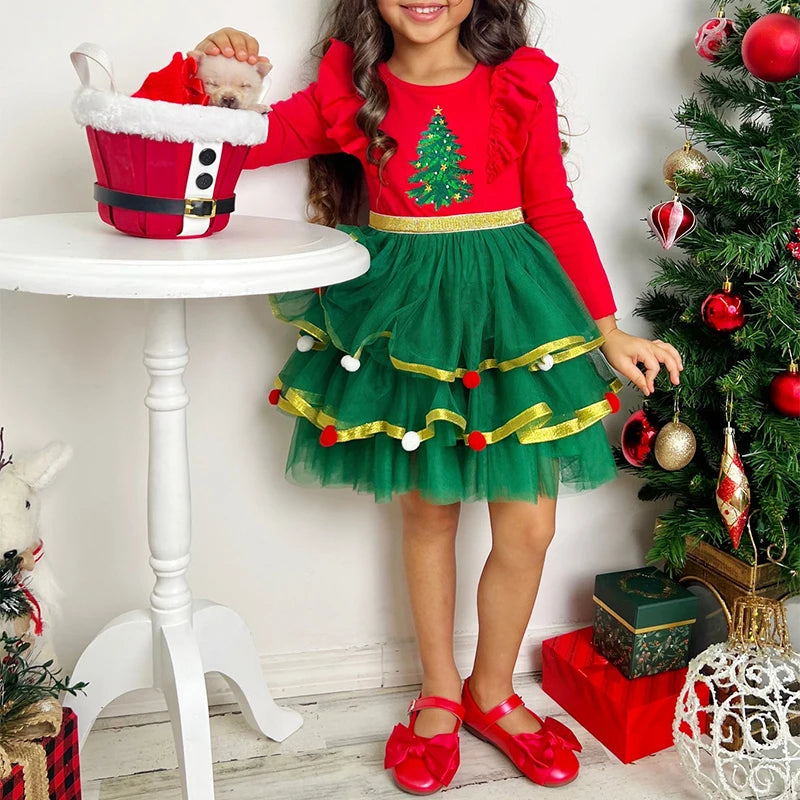 Kids Santa Claus Costume Round Neck Long Sleeve Dress