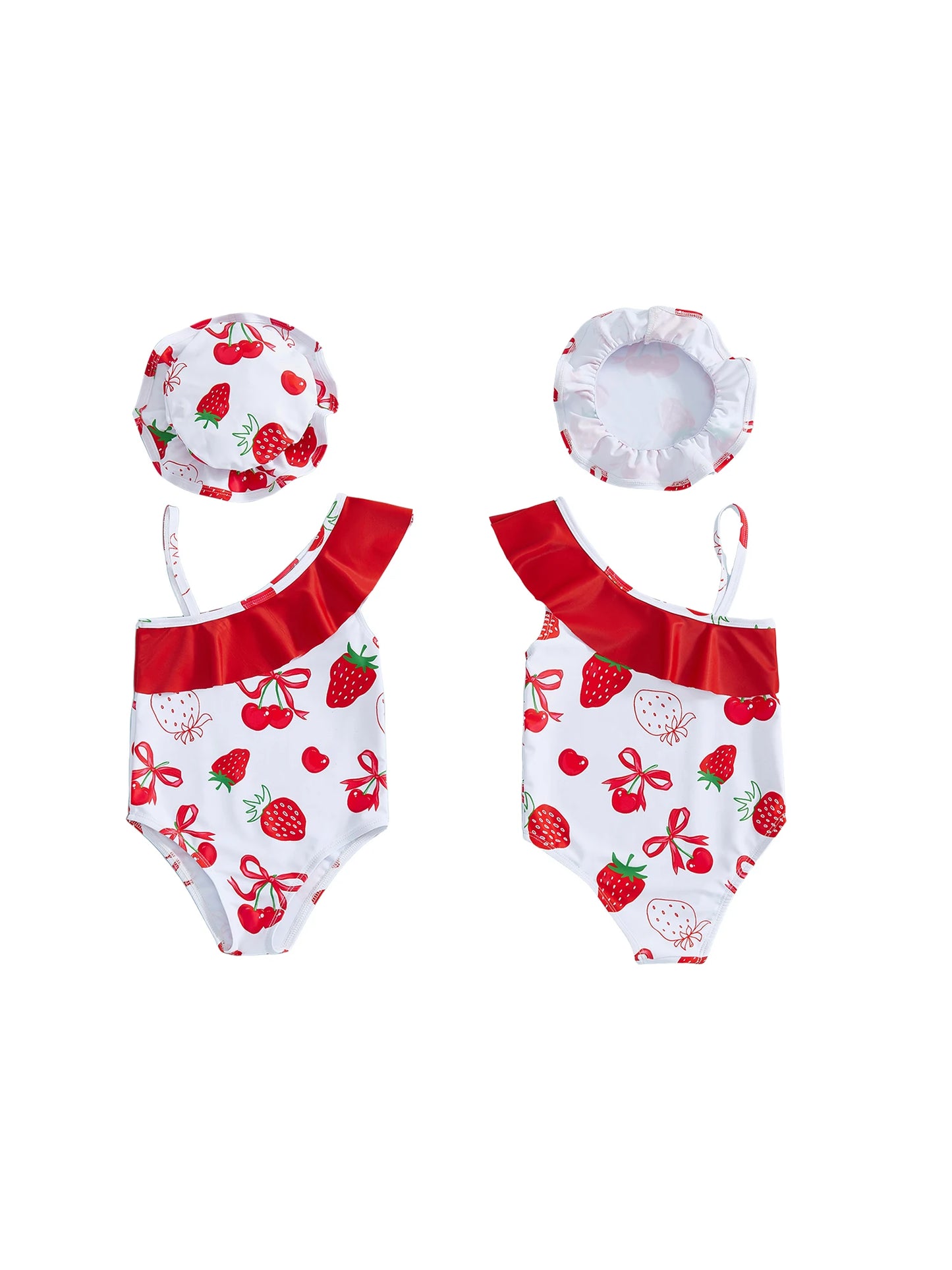 Nonecn Toddler Girls Strawberry Print 2 Piece Swimsuit Set Hat