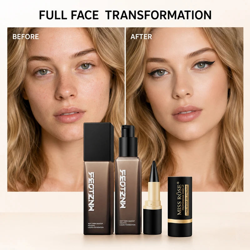 3PCS Makeup Set Full Coverage Liquid Foundation with 2 Waterproof Gel Eyeliners, Long-Lasting Matte Face Base, Smudge-Proof Black Eye Liner, Smooth Blendable Complexion and Eye Makeup Kit for Women, Natural Flawless Finish, D