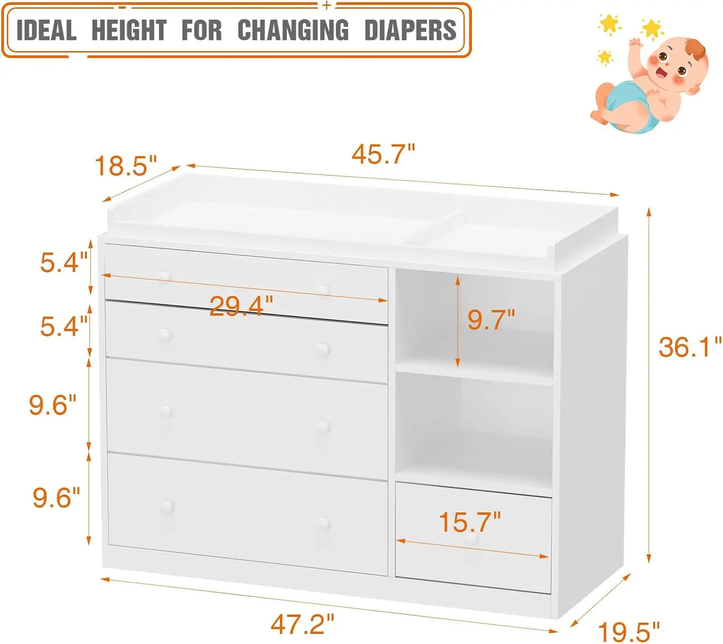 Changing Table Dresser For Nursery White With 5 Drawers And 2 Shelves Multi Functional Baby Changing Station