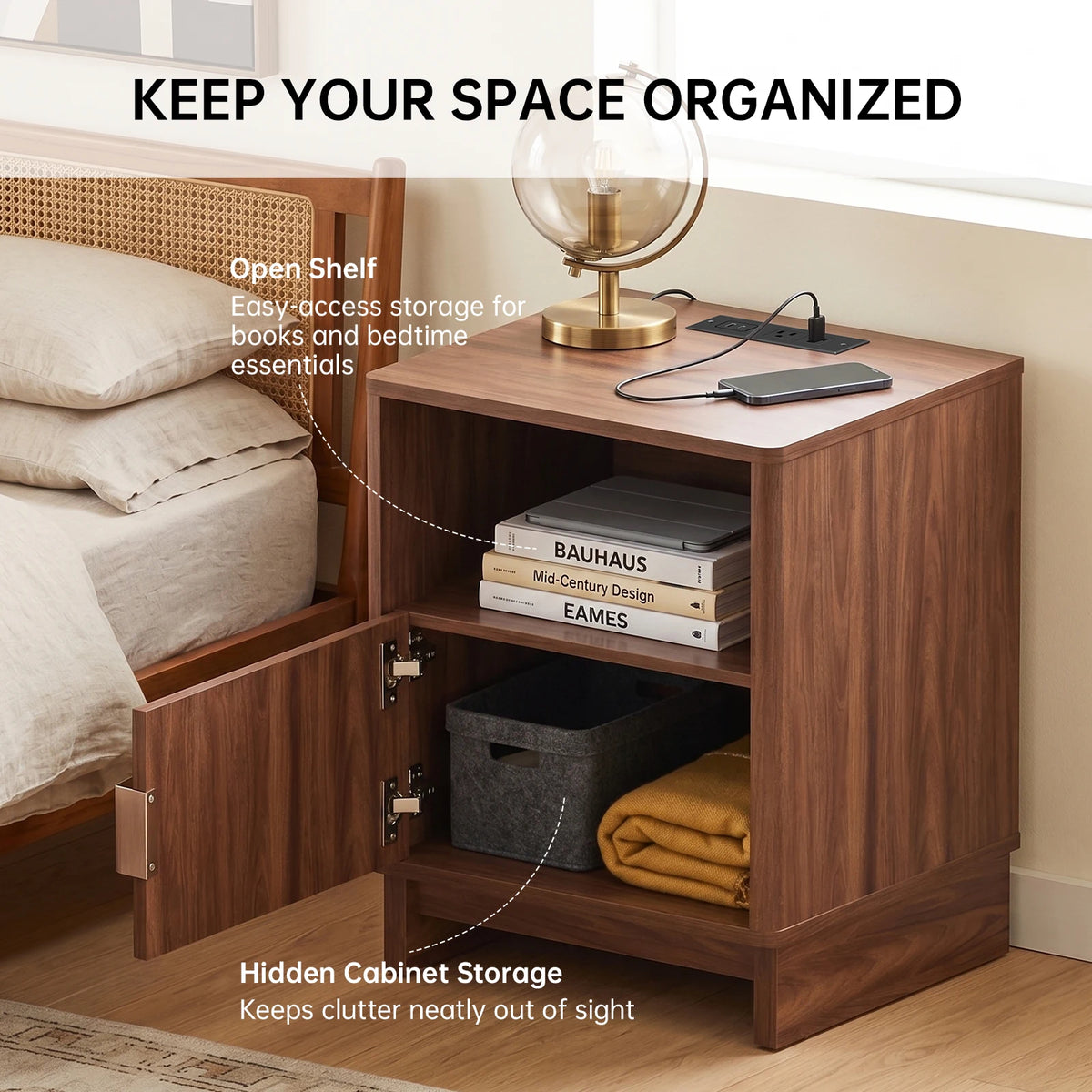 TinyNest Nightstand with Charging Station, Fluted Wood Side Table with Storage Drawers & Open Shelf, Night Stand Bedside Table with 2 AC Outlets, 1 USB A Port, 1 USB C Fast Charging Port, Small End Table Storage Cabinet For B