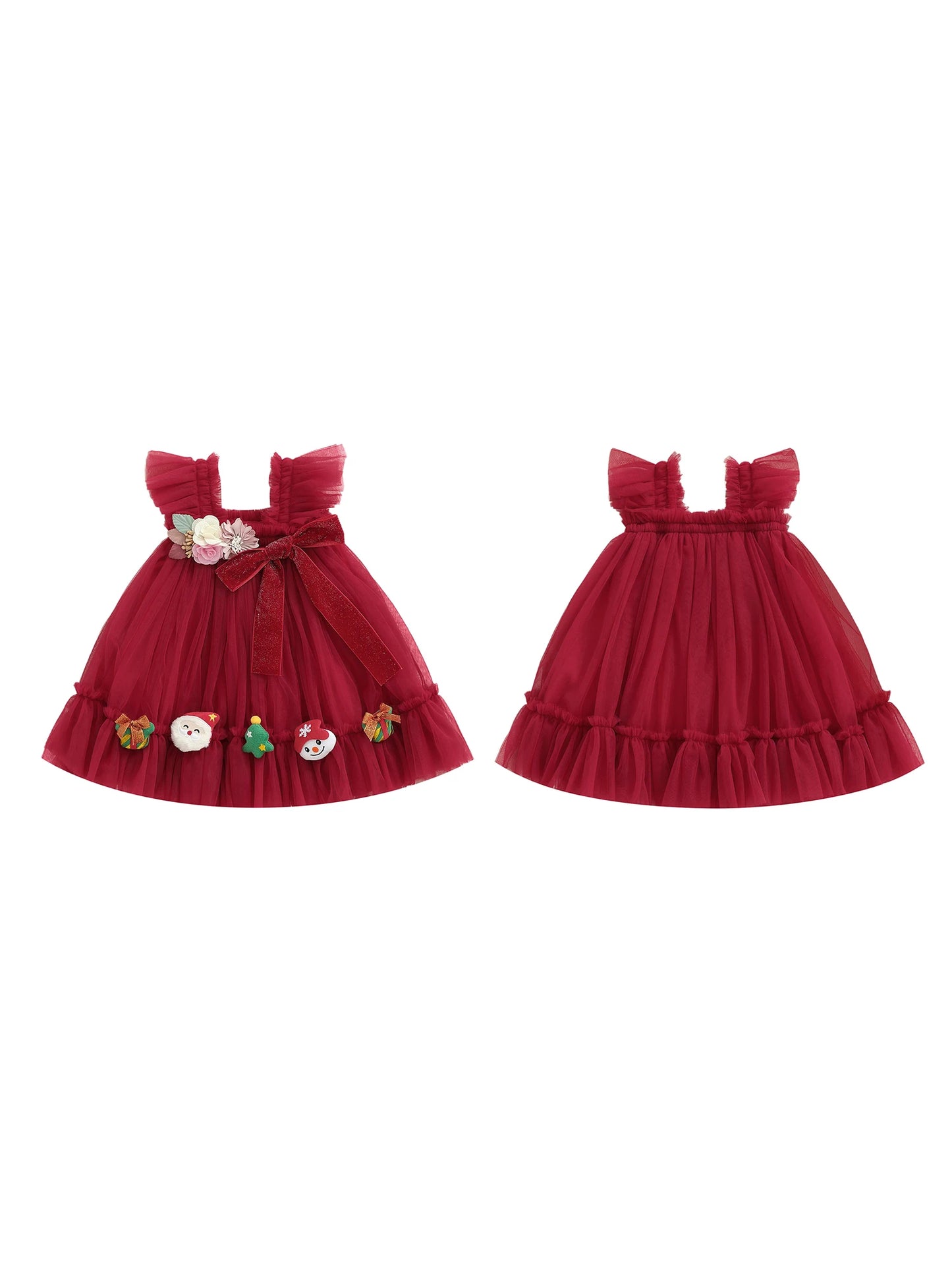 Toddler Girl Holiday Tulle Dress With 3D Flowers Santa Bow