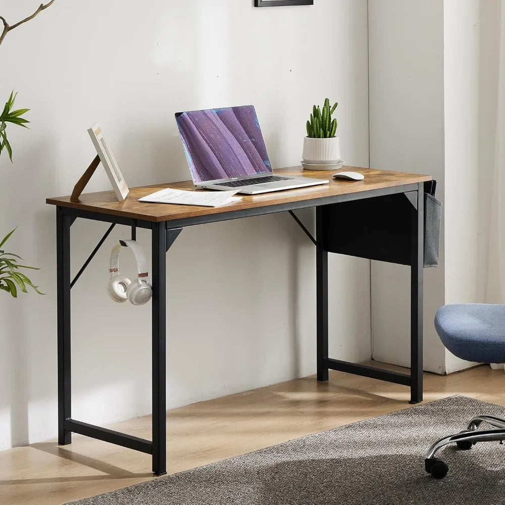 48 Inch Computer Desk Rustic Brown Wood Modern Writing Desk With Storage Bag And Headphone Hook For Two People