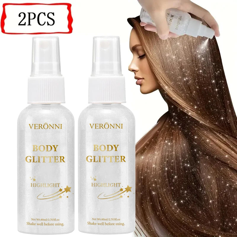 2Pcs VERONNI Body Glitter Spray, Shimmer Highlighter Mist for Hair Face Body, Long Lasting Sparkle Makeup Spray for Party Festival