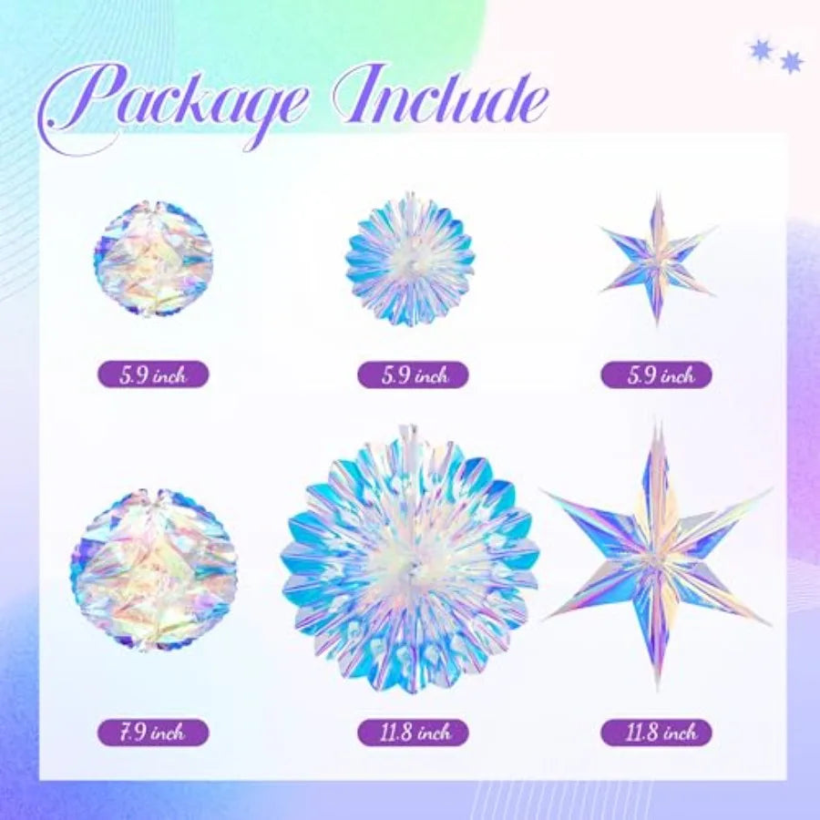 Iridescent Party Decorations, Hanging Honeycomb Balls, Paper Fans and 3D Star Ornaments, Holographic Ceiling Decor for Birthday