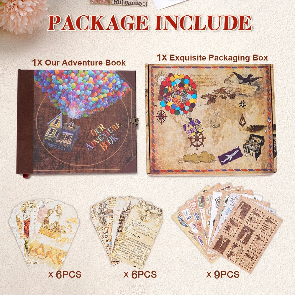 Our Adventure Journal 146page Vintage Leather DIY Scrapbook Album Balloon Text Theme for Anniversary Wedding Mother's Day Gifts