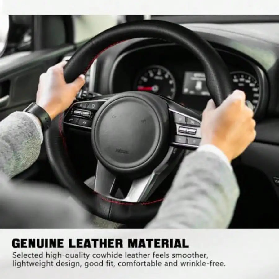 Leather Steering Wheel Cover Stitch On Wrap 15 Inch Steering Wheel Wrap Universal For Car Truck SUV Breathable Anti-Slip DIY Sewing With Needle Thread Black+Red