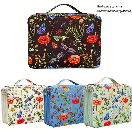 Vitality Dragonfly and Flower Pencil Box - 200-Hole Design, Durable Fabric Storage Bag, Suitable for Pencils, Markers, Scissors - Portable Office Art Supplies Storage Box, Dragonfly Decoration, Art Supplies Storage, Colorful