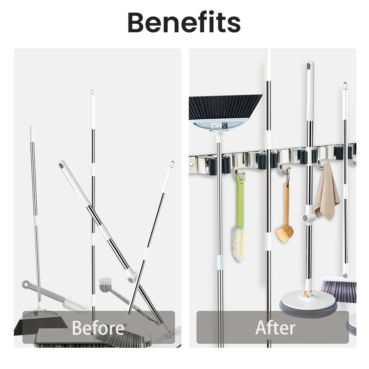 Adhesive 4 Hook Broom Mop Organizer Stainless Steel Wall Rack