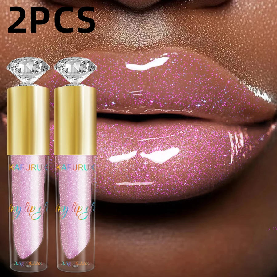 2pcs Moisturizing Diamond Shimmer Glitter Lip Gloss Set Korean Makeup Sparkling Glitter Liquid Lipstick Pearl Lip Gloss Sexy Lip Oil Sexy Pink Cosmetic for Women Gifts