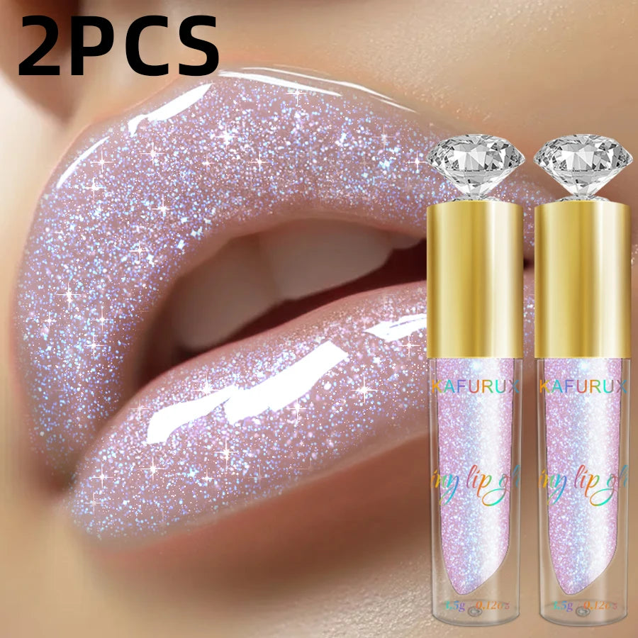 2pcs Moisturizing Diamond Shimmer Glitter Lip Gloss Set Korean Makeup Sparkling Glitter Liquid Lipstick Pearl Lip Gloss Sexy Lip Oil Sexy Pink Cosmetic for Women Gifts