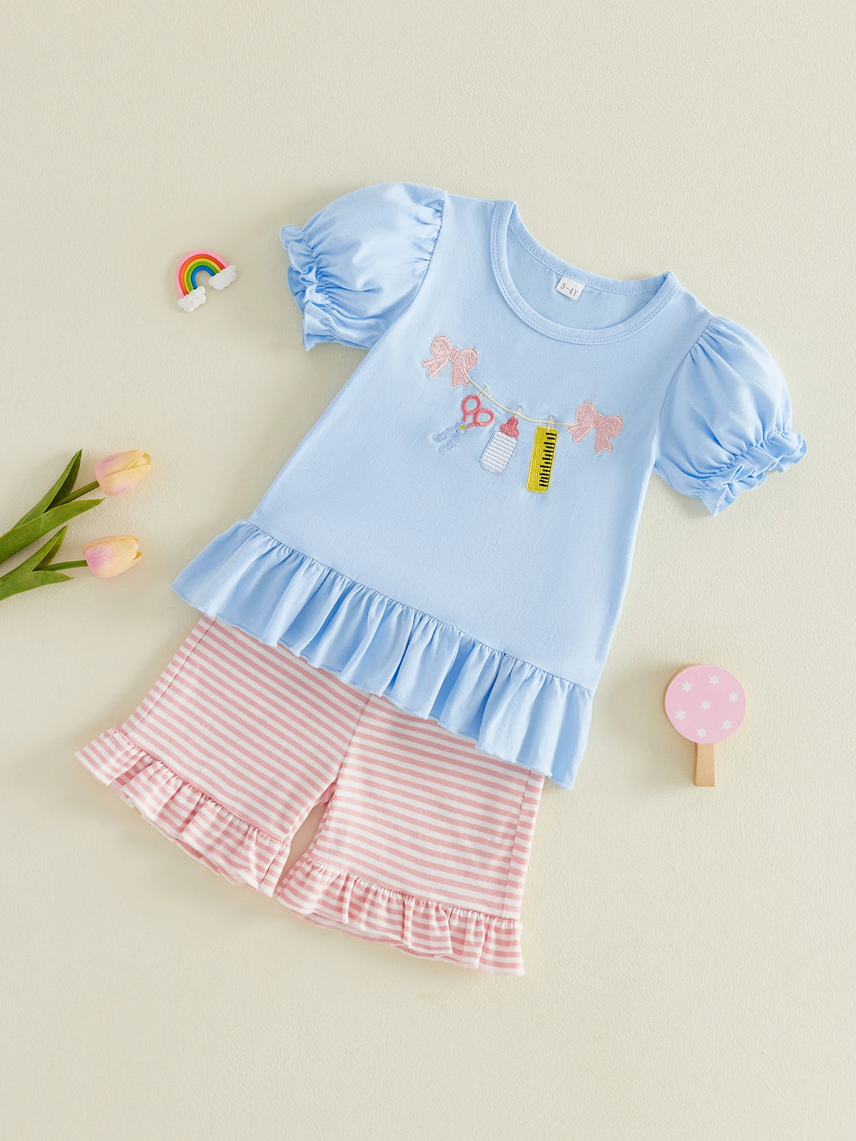 Girl s Back to School Outfit Cute Ruler Bow Embroidered Short Sleeve Ruffle T-Shirt with Matching Striped Shorts - 2 Piece