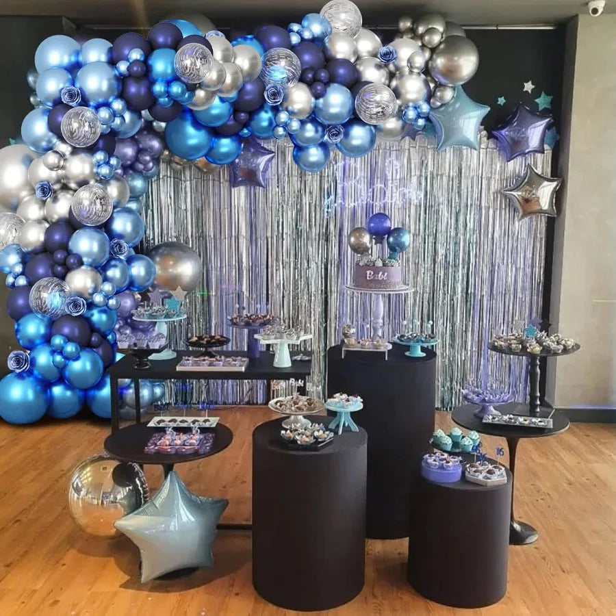 87 Pieces Metallic Blue and Silver Balloon Garland Kit With Confetti Balloons 18 12 10 and 5 Inch For Elegant Birthday