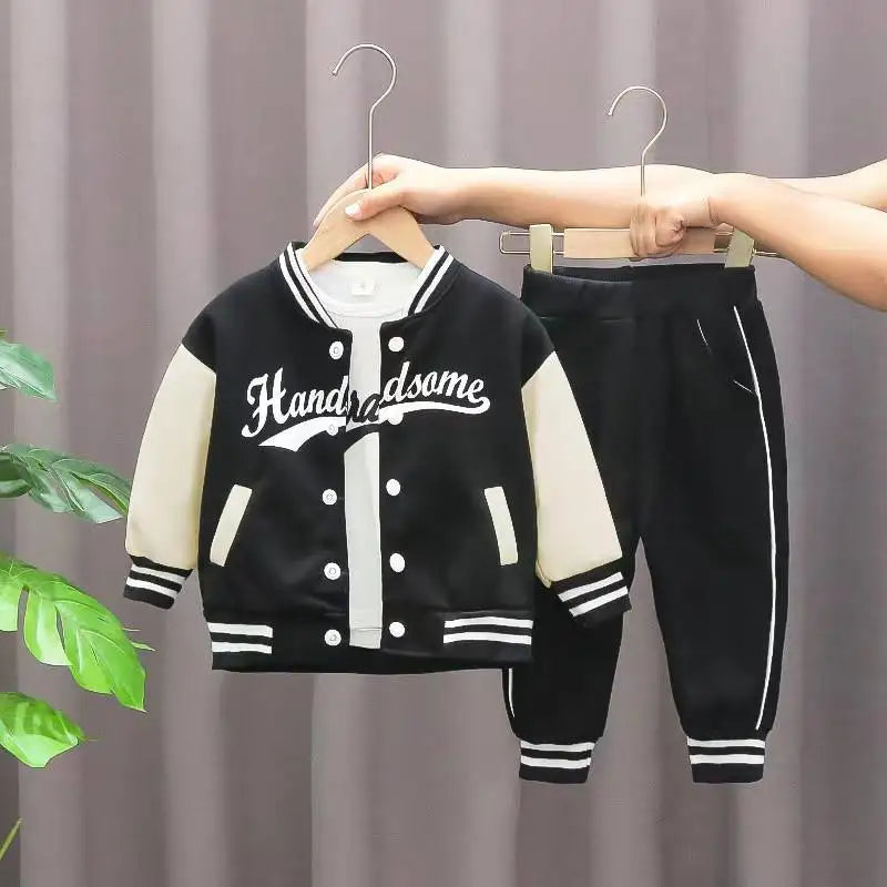 Boys Autumn Letter Print 3 Piece Single Breasted Jacket Round Neck Long Sleeve Cotton Top And Striped Sweatpants Set