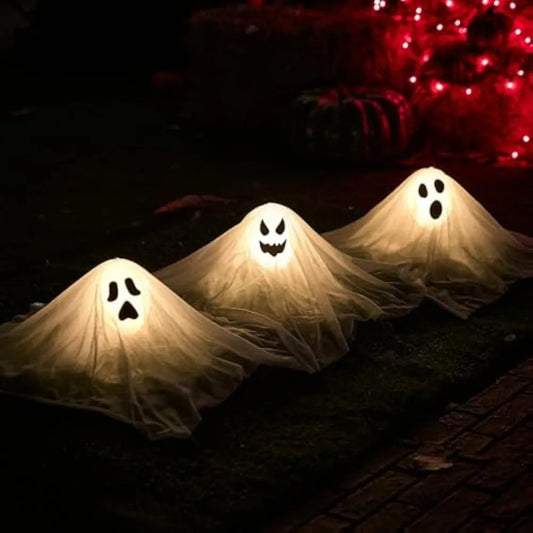 White Ghost Garden Stakes with Light UpHalloween Outdoor Decorations  Design (3 Packs) Cloth Ghost for Halloween Lights, Graveyard Yard Lawn Decorations