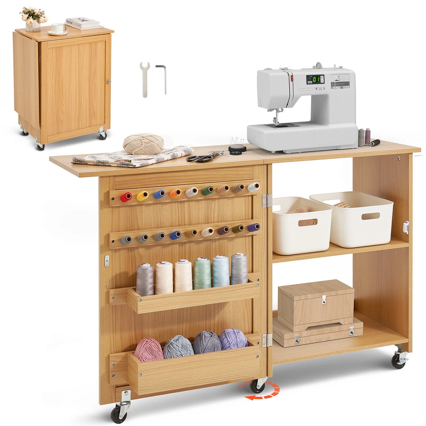 SucceBuy Multipurpose Folding Sewing Table With Wheels Shelves And Storage