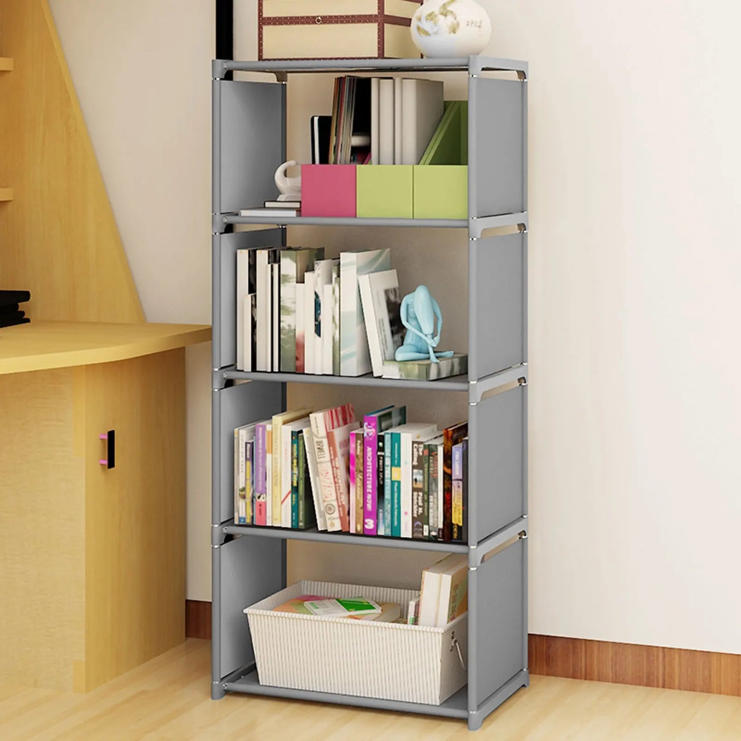 4 Layer Bookcase Ladder Shelf Grey Wall Rack For Living Room Durable Display Stand Storage